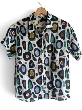 TELA Italy Abstract Print Ramie Button Front Shirt Blouse XS Made in Italy